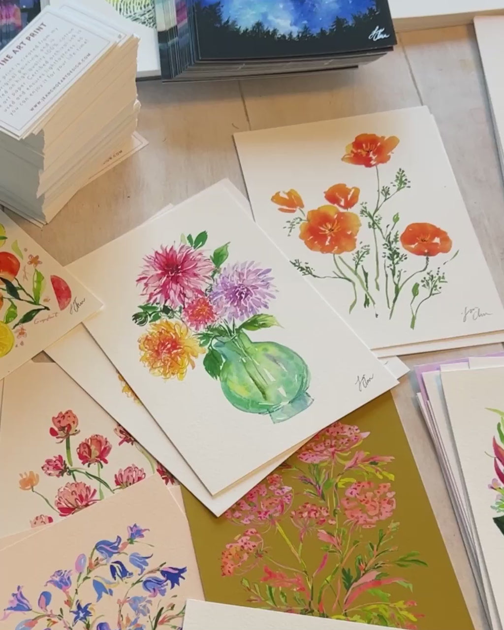 Video showing Jean Choe's giclee fine art print of watercolor dahlia