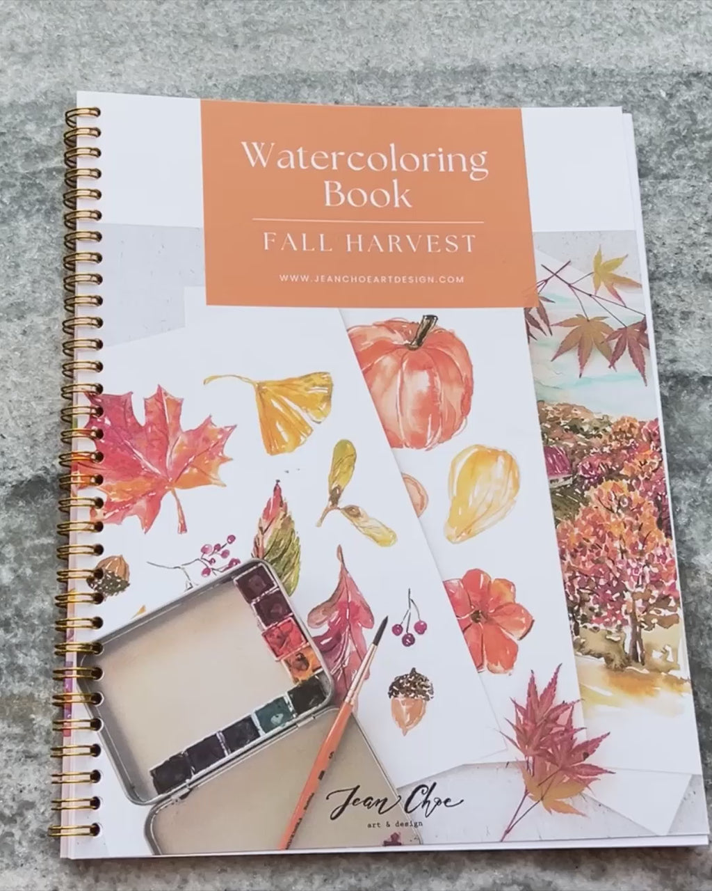 Video showing Jean Choe's watercolor workbook for Fall Harvest, with pre-outlined pages, and step by step instructions.