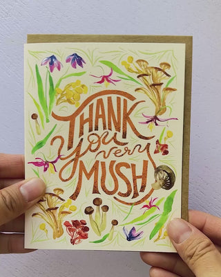 Video showing Jean Choe's thank you card of watercolor mushrooms and whimsical hand lettering
