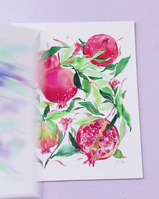 Video showing Jean Choe's giclee fine art print of watercolor pomegranates