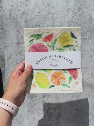 Video showing Swedish dishcloth reusable kitchen with Jean Choe's watercolor flowers and fruits