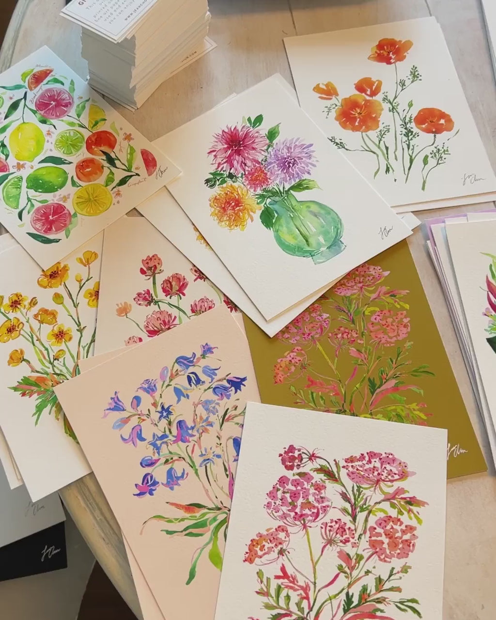 Video showing Jean Choe's giclee fine art print of watercolor bluebell wildflowers