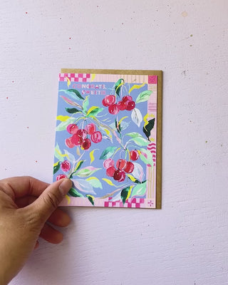 Video showing Jean Choe's greeting card of watercolor cherries for sweet friend or family 