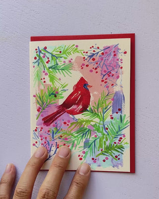 Video showing Jean Choe's greeting card of red cardinal Christmas card