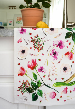 Red Botanical Tea Towel. Decorative Cotton Tea Towel for Kitchen. from Jean Choe Art & Design - Kitchen & Tea Towels