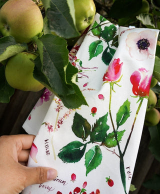 Red Botanical Tea Towel. Decorative Cotton Tea Towel for Kitchen. from Jean Choe Art & Design - Kitchen & Tea Towels