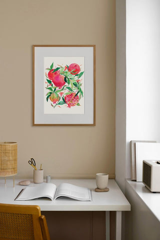"Ruby Red Pomegranates" Art Print. Fruit Art for Kitchen/ Dining Room from Jean Choe Art & Design - Giclée