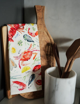 Seafood Table Tea Towel: Nautical Cotton Kitchen Towel from Jean Choe Art & Design - Kitchen & Tea Towels