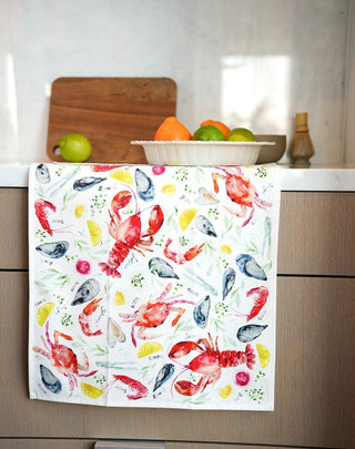 Seafood Table Tea Towel: Nautical Cotton Kitchen Towel from Jean Choe Art & Design - Kitchen & Tea Towels