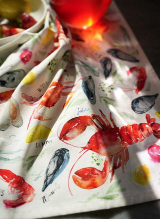 Seafood Table Tea Towel: Nautical Cotton Kitchen Towel from Jean Choe Art & Design - Kitchen & Tea Towels