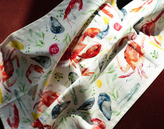 Seafood Table Tea Towel: Nautical Cotton Kitchen Towel from Jean Choe Art & Design - Kitchen & Tea Towels