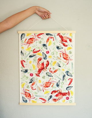 Seafood Table Tea Towel: Nautical Cotton Kitchen Towel from Jean Choe Art & Design - Kitchen & Tea Towels