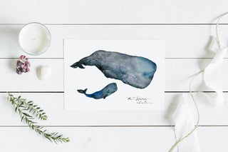 Sperm Whale and Baby Watercolor Art Print: "Mommy, I'm Here" from Jean Choe Art & Design - Watercolor