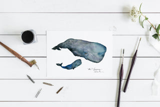 Sperm Whale and Baby Watercolor Art Print: "Mommy, I'm Here" from Jean Choe Art & Design - Watercolor