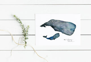 Sperm Whale and Baby Watercolor Art Print: "Mommy, I'm Here" from Jean Choe Art & Design - Watercolor