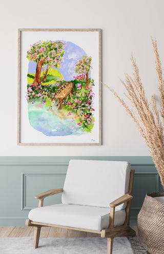 Spring Comes Gently Art Print – Watercolor Fawn in Peaceful Woodland Scene from Jean Choe Art & Design - Giclée