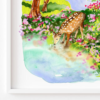 Spring Comes Gently Art Print – Watercolor Fawn in Peaceful Woodland Scene from Jean Choe Art & Design - Giclée