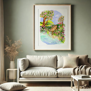 Spring Comes Gently Art Print – Watercolor Fawn in Peaceful Woodland Scene from Jean Choe Art & Design - Giclée