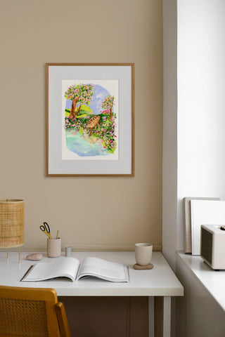 Spring Comes Gently Art Print – Watercolor Fawn in Peaceful Woodland Scene from Jean Choe Art & Design - Giclée