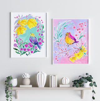 "Star Flower Finch" Art Print: Bird and Pink Floral Wall Décor from Jean Choe Art & Design - Giclée