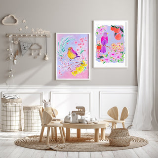 "Star Flower Finch" Art Print: Bird and Pink Floral Wall Décor from Jean Choe Art & Design - Giclée