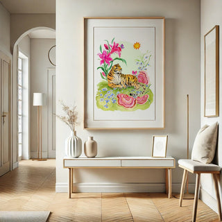 Sunbathing Tiger: Jungle Wildlife and Nature Art Print from Jean Choe Art & Design - Giclée