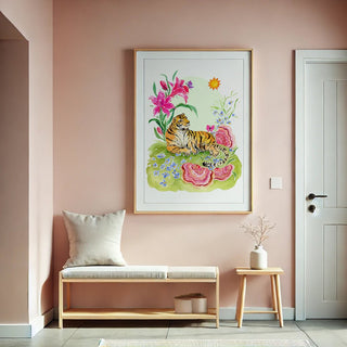 Sunbathing Tiger: Jungle Wildlife and Nature Art Print from Jean Choe Art & Design - Giclée