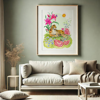 Sunbathing Tiger: Jungle Wildlife and Nature Art Print from Jean Choe Art & Design - Giclée