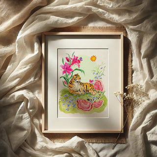 Sunbathing Tiger: Jungle Wildlife and Nature Art Print from Jean Choe Art & Design - Giclée