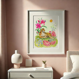 Sunbathing Tiger: Jungle Wildlife and Nature Art Print from Jean Choe Art & Design - Giclée
