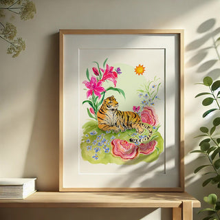 Sunbathing Tiger: Jungle Wildlife and Nature Art Print from Jean Choe Art & Design - Giclée