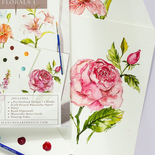 Watercolor Fun Kit: Florals 1, All - In - One Kit with Outlined Pages from Jean Choe Art & Design - Kits