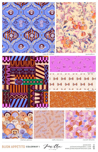 Pattern design collection of whimsical and bold repeat patterns inspired by Italian food cuisine