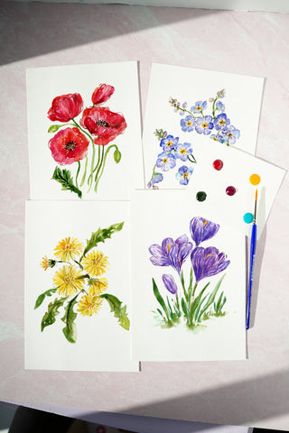 Watercolor Painting Kit:Wildflowers. DIY Watercolor Set with Outlined Pages from Jean Choe Art & Design - Kits