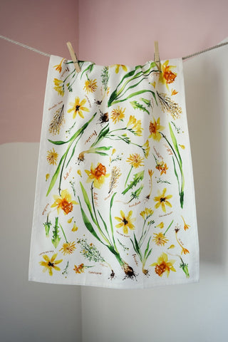 Yellow Botanical Tea Towel: Sunny Cotton Tea Towel for Kitchen from Jean Choe Art & Design - Kitchen & Tea Towels