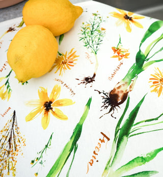 Yellow Botanical Tea Towel: Sunny Cotton Tea Towel for Kitchen from Jean Choe Art & Design - Kitchen & Tea Towels